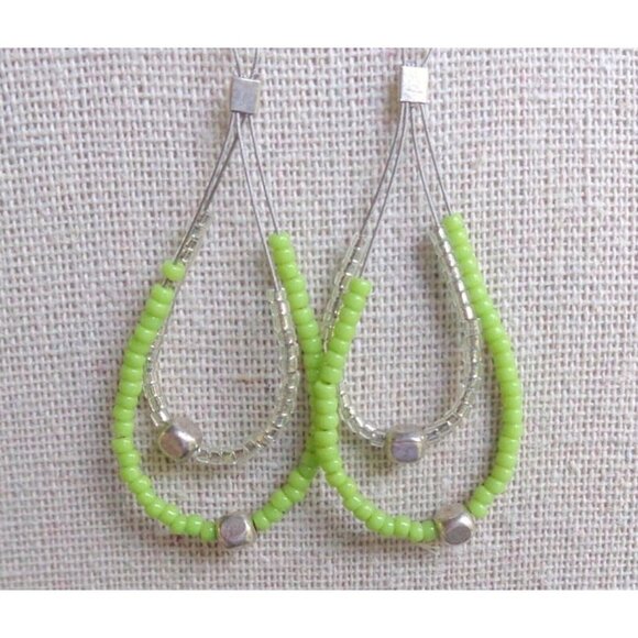 925 Sterling Silver Green & Clear Seed Bead Layered Wire Earrings Dangle Hooks - Picture 2 of 4